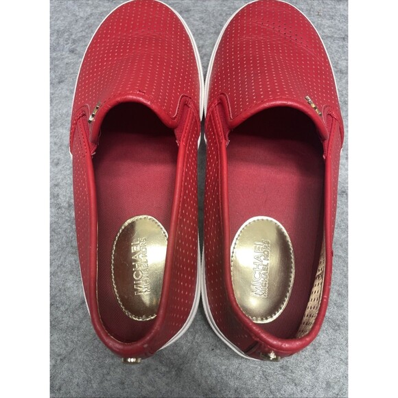 Michael Kors Women US 7 Keaton Sneakers Red Perforated Leather Logo Slip on Shoe - Picture 5 of 8